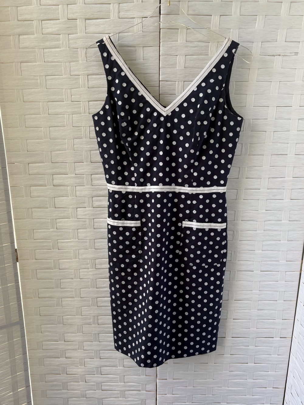 Muse Size 8 Navy White Polka Dot Sheath Retro Dress Linen Cotton Blend Lined